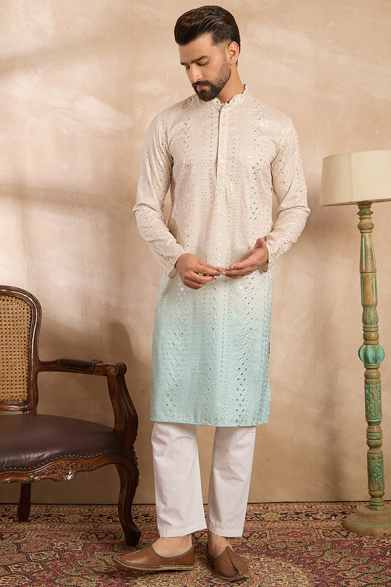 Blue Silk Blend Ombre Embroidered Straight Kurta Sets MKSET1721