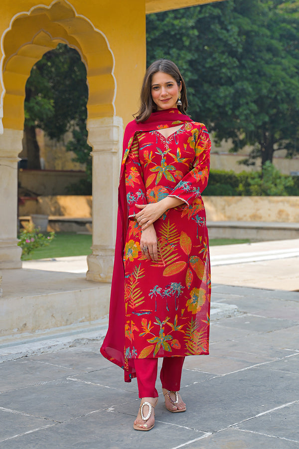 Pink Viscose Rayon Floral Printed Straight Kurta Trousers With Dupatta PKSKD3160