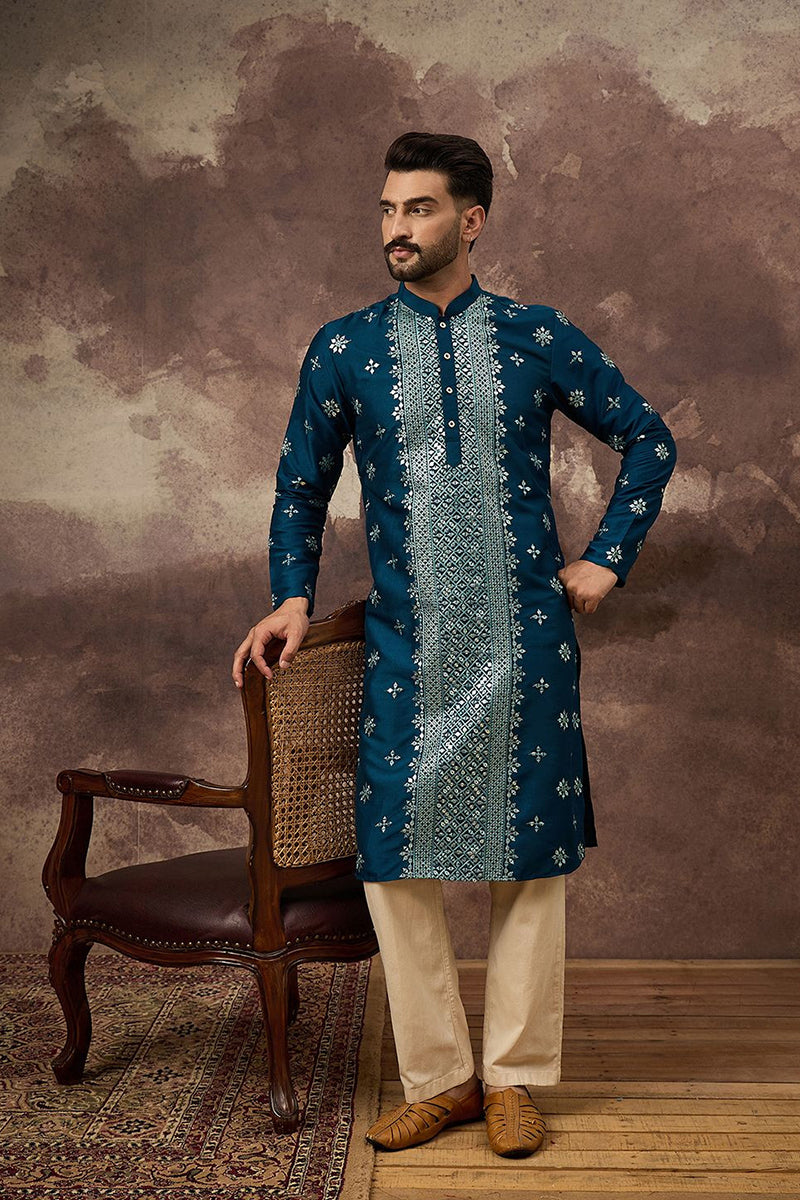 Blue Silk Blend Solid Embroidered Straight Kurta With Pant Set MKSET1371