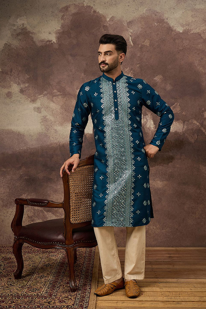 Blue Silk Blend Solid Embroidered Straight Kurta With Pant Set MKSET1371
