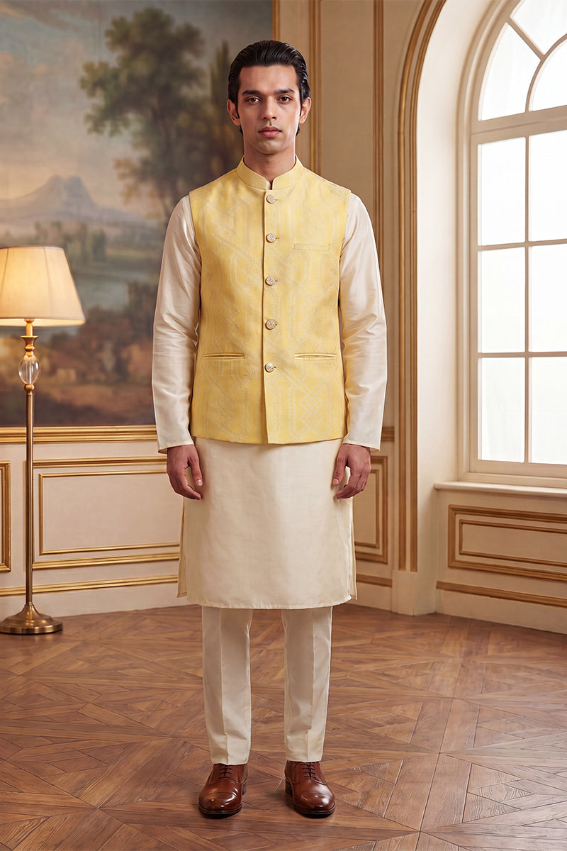 Yellow Jacquard Woven Design Solid Koti MKOT1040
