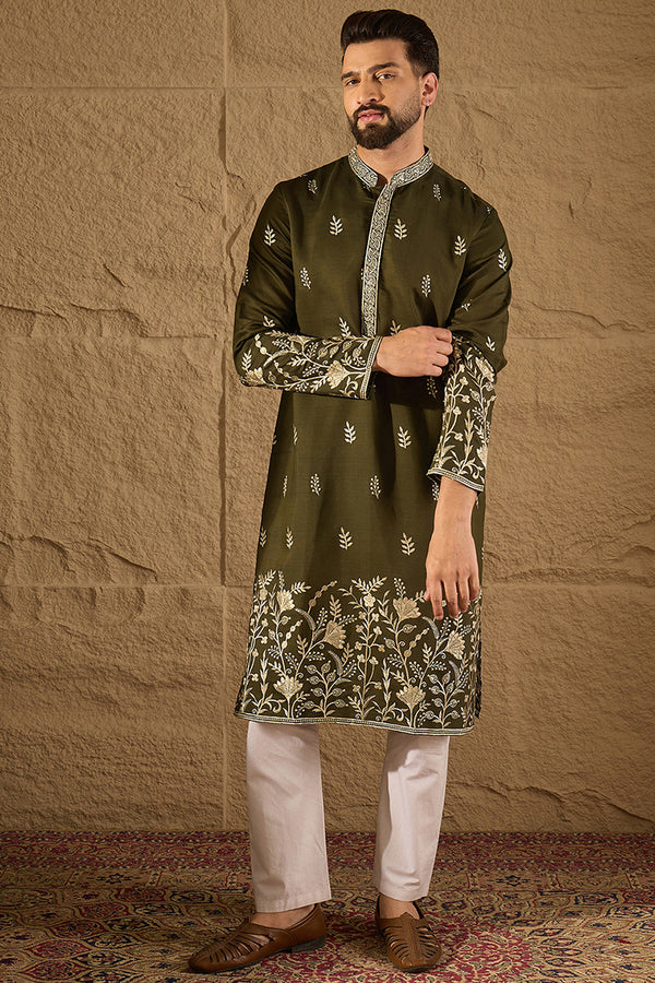 Olive Chanderi Silk Solid Embroidered Straight Kurta with Trouser MKSET1319