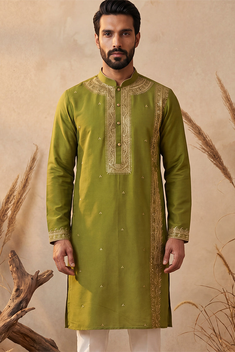 Green Silk Blend Solid Emboidered Straight Kurta With Trouser MKSET2313