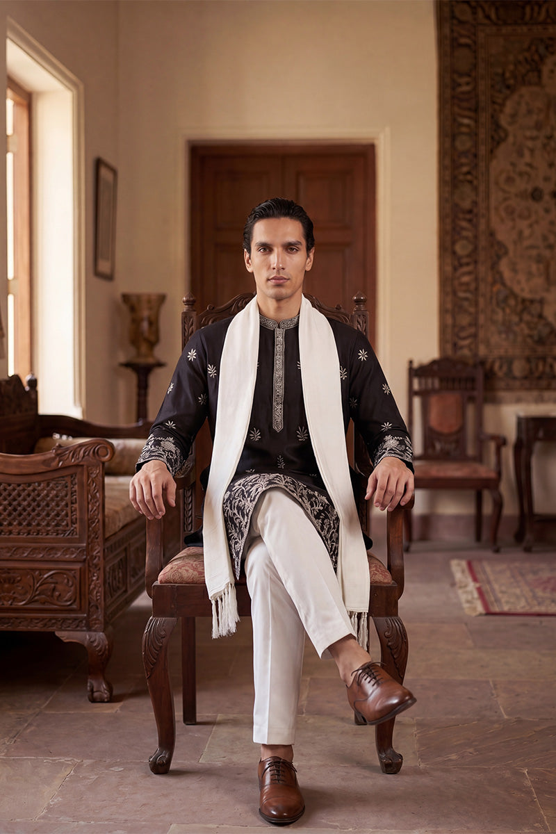 Black Silk Blend Solid Embroidered Straight Kurta Sets MKPD1782