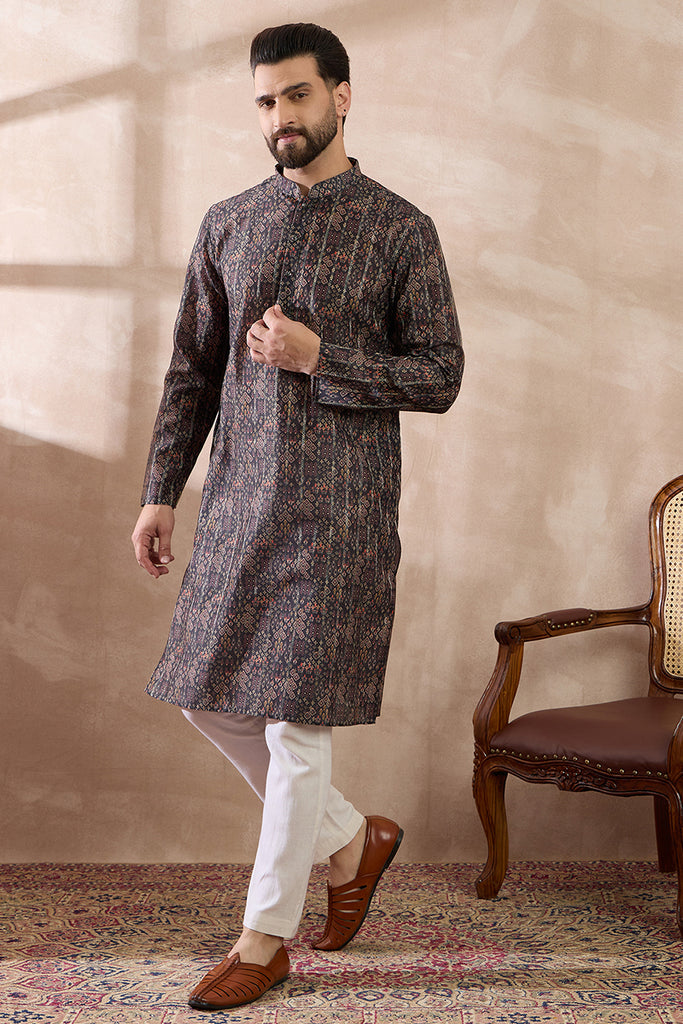 Black Silk Blend Printed Mandarin Collar Straight Kurta With Trouser MKSET2116