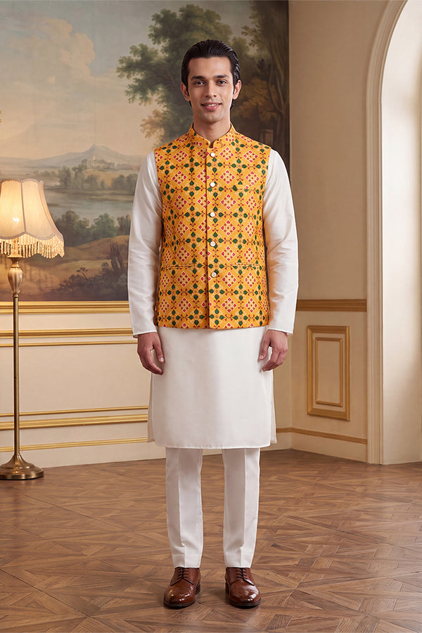 Yellow Silk Blend Patola Print Mandarine Collar Koti MKOT1050