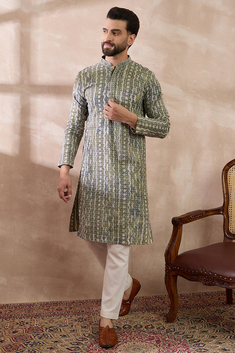 Green Silk Blend Printed Mandarin Collar Straight Kurta With Trouser MKSET1661