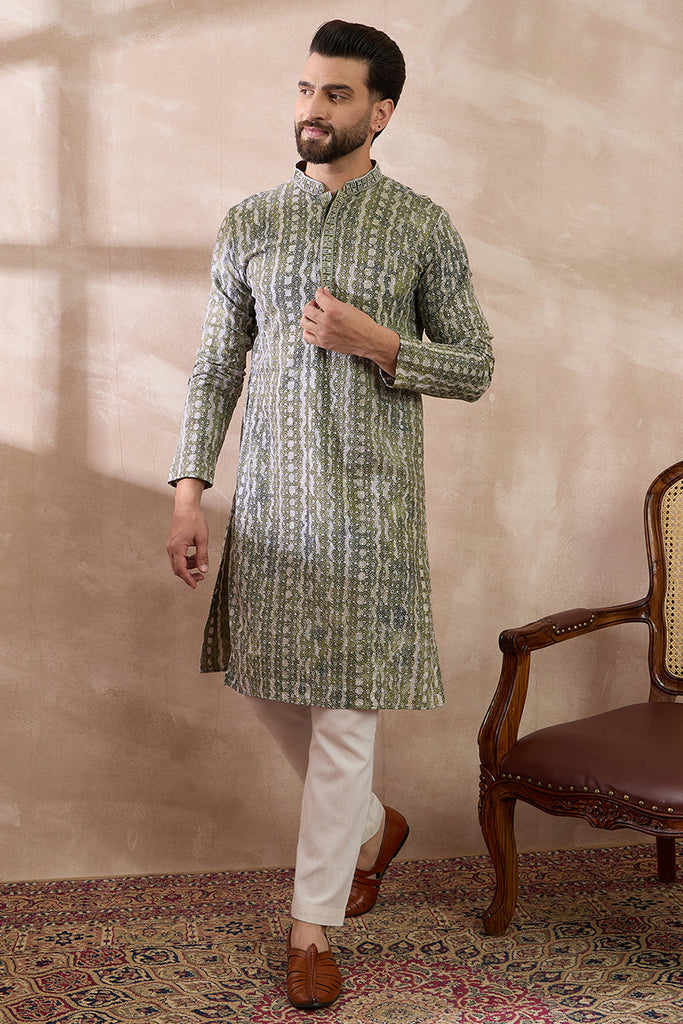 Green Silk Blend Printed Mandarin Collar Straight Kurta With Trouser MKSET1661