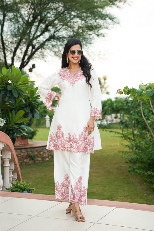 White Silk Blend Embroidered Straight Coord Sets HVCORD1135