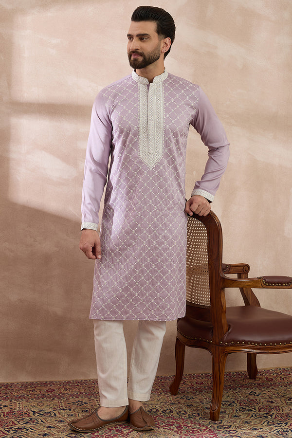 Lavender Silk Blend Embroidered Mandarin Collar Straight Kurta MKU1690