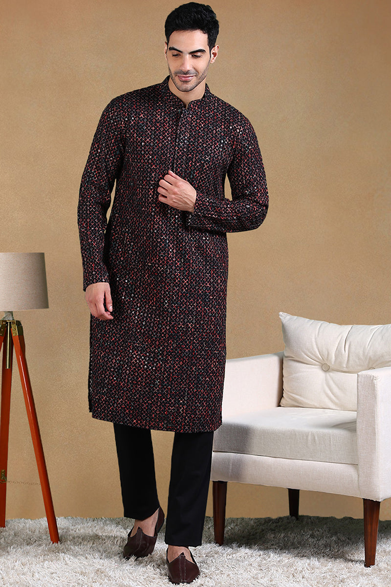 Black Viscose Rayon Geometric Dyed Straight Kurta with Trousers MKSET1013BLK