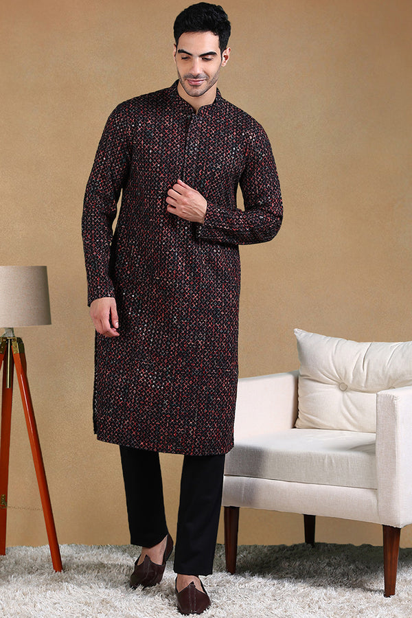 Black Viscose Rayon Geometric Dyed Straight Kurta with Trousers MKSET1013BLK