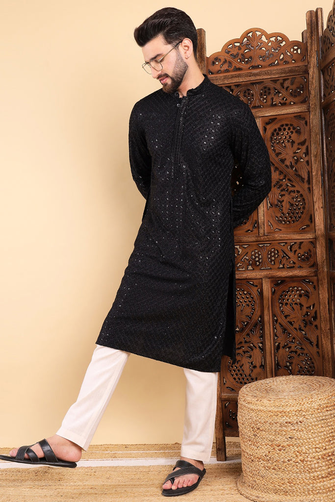 Black Viscose Rayon Solid Embroidered Straight Kurta For Men MKU1011BLK