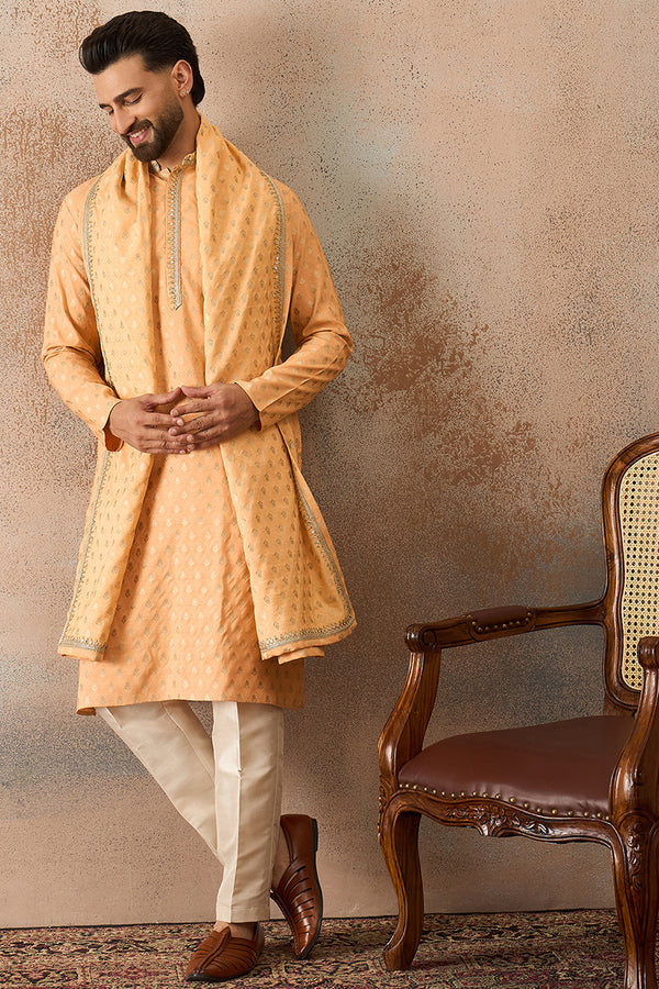 Peach Jacquard Woven Design Floral Straight Kurta Sets MKPD1017