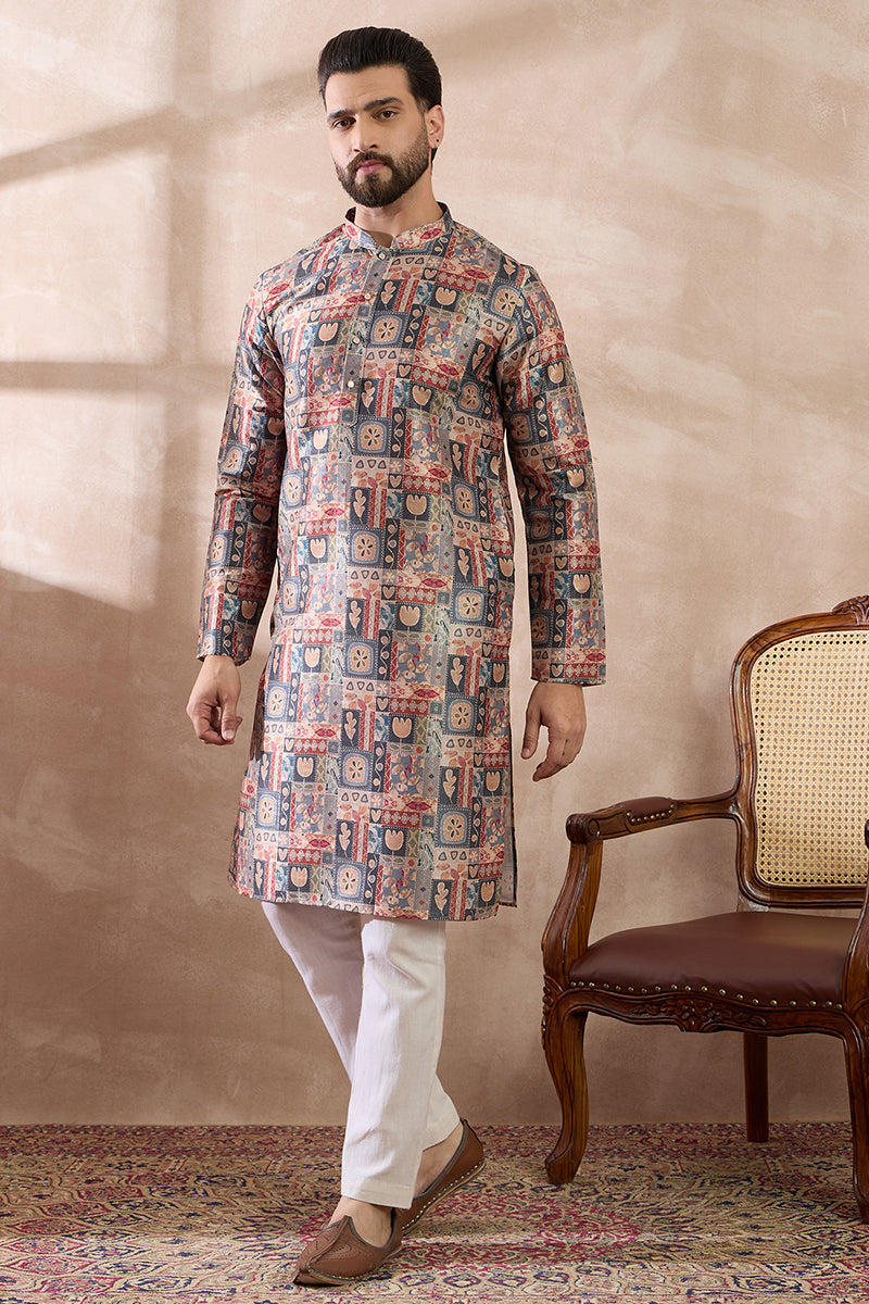 Multi Silk Blend Printed Mandarin Collar Straight Kurta MKU2001