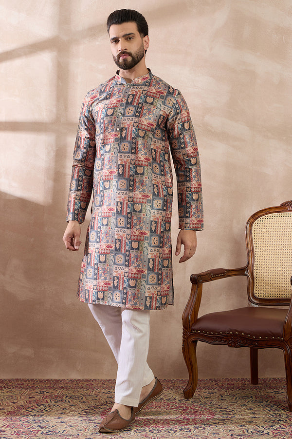 Multi Silk Blend Printed Mandarin Collar Straight Kurta MKU2001