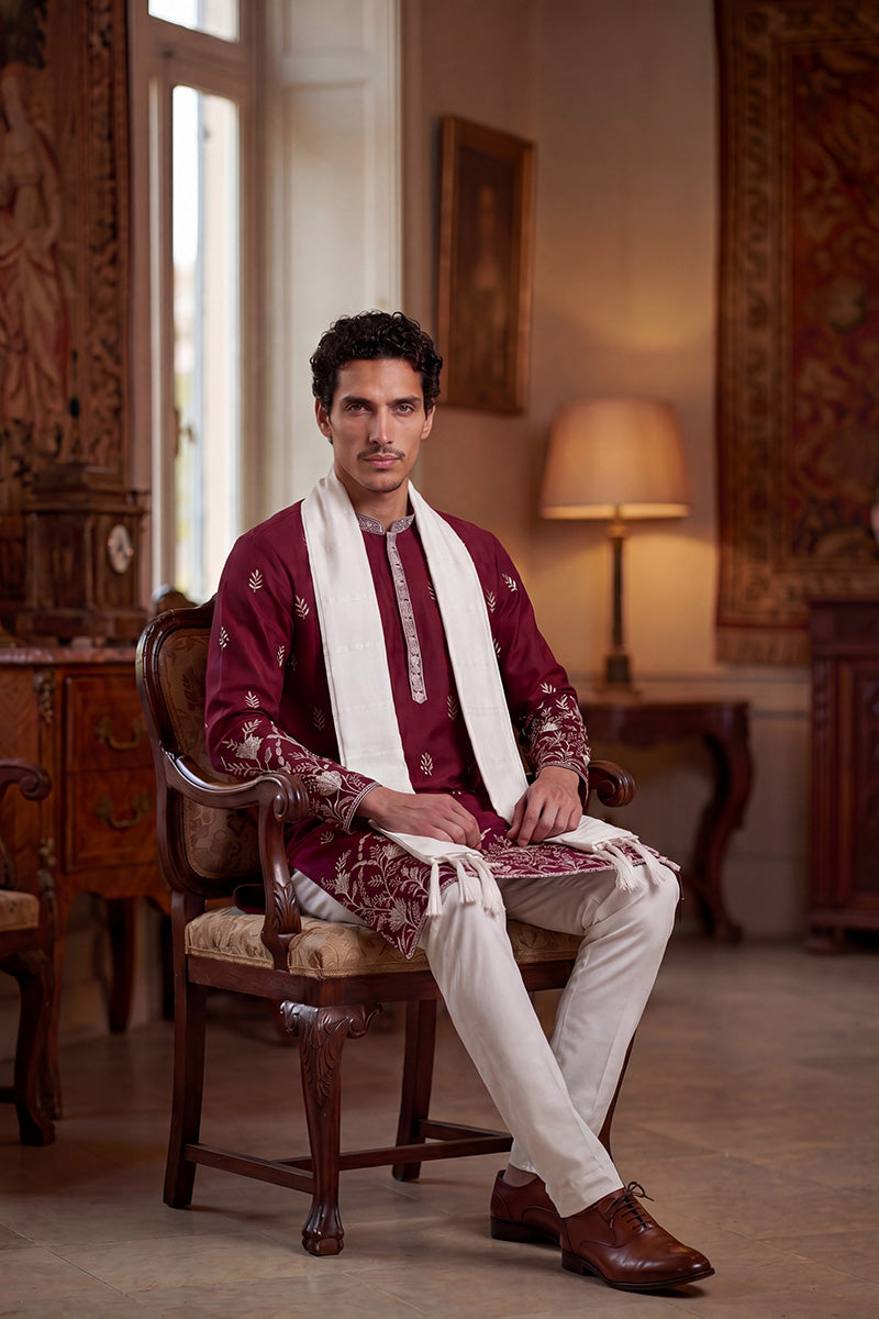 Maroon Silk Blend Solid Embroidered Straight Kurta Trouser with Dupatta MKPD1945