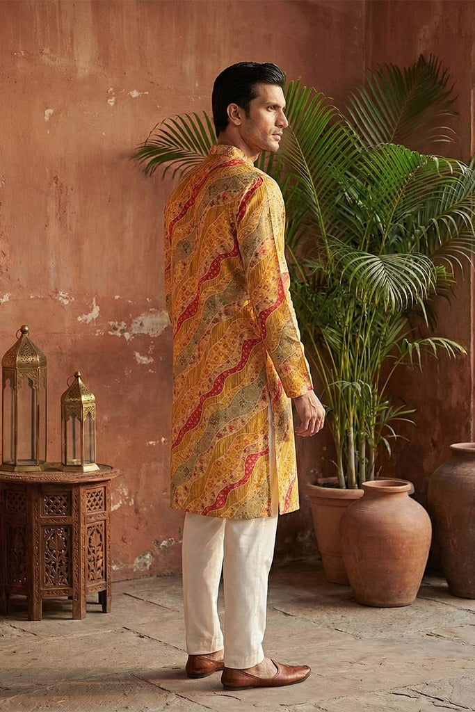 Yellow Silk Blend Printed Straight Kurta With Trousers MKSET2168
