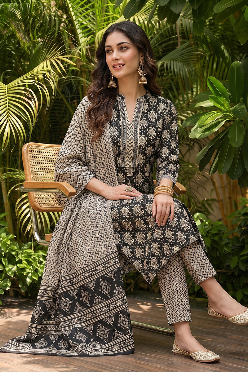 Black Rayon Blend Ethnic Motifs Straight Suit Set VKSKD1673