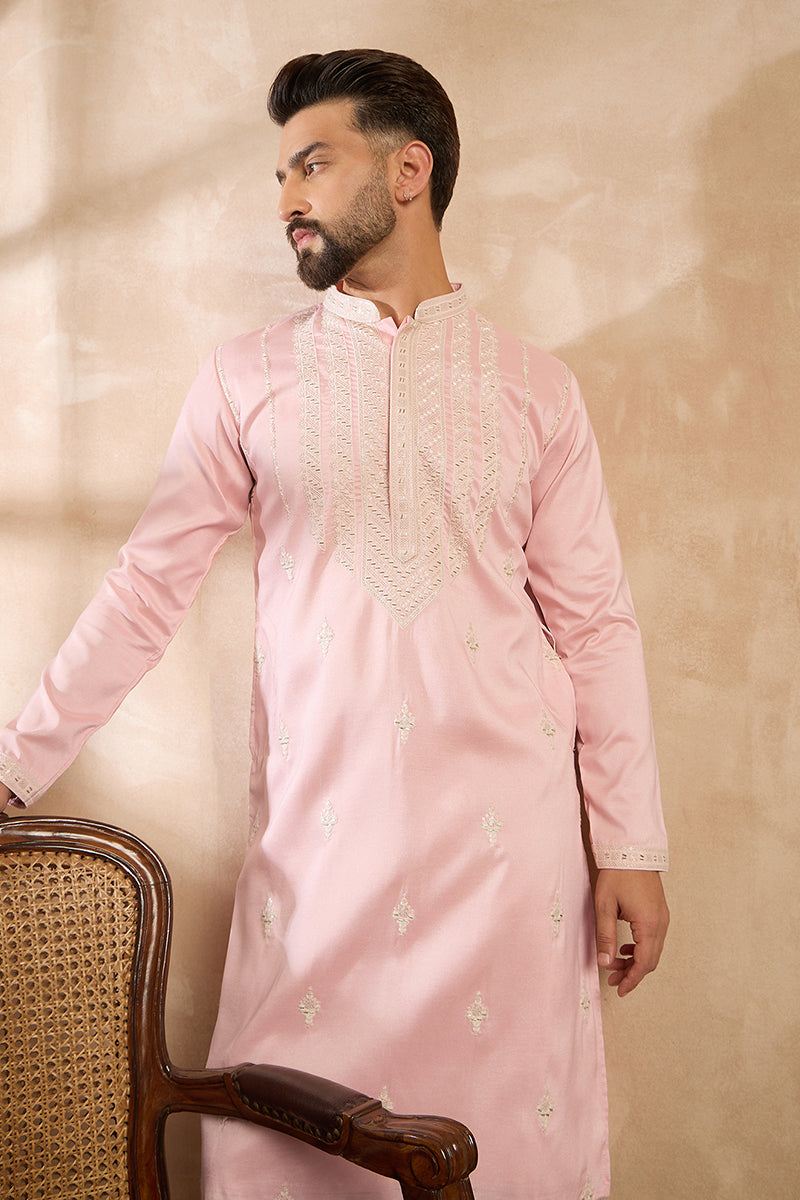 Pink Silk Geometric Embroidered Straight Kurta With Trouser MKSET1683