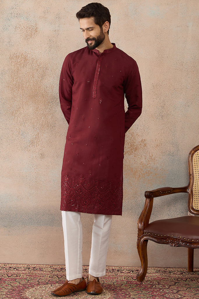 Maroon Silk Blend Solid Emboidered Straight Kurta With Trouser MKSET2289