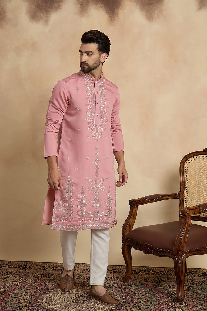 Pink Silk Blend Solid Embroidered Straight Kurta With Trouser MKSET2526