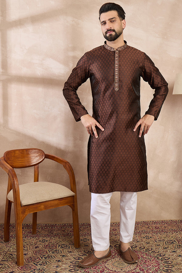 Brown Silk Blend Solid Woven Design Straight Kurta With Trouser MKSET1855