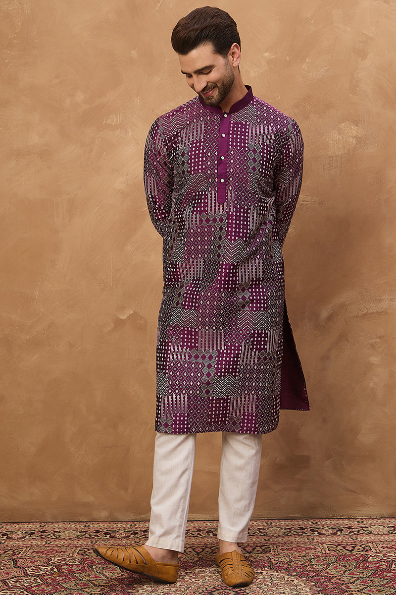 Purple Silk Blend Geometric Printed Straight Kurta With Pant Set MKSET1529