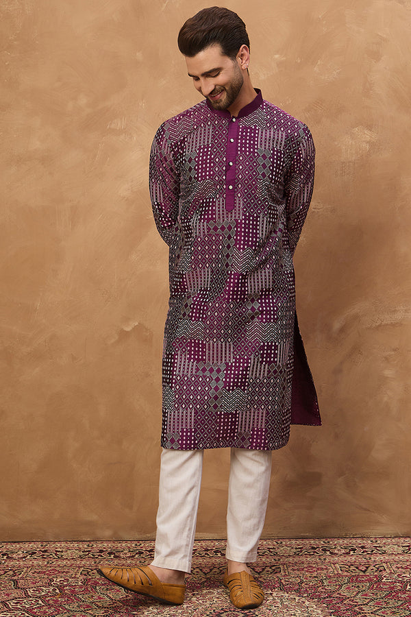 Purple Silk Blend Geometric Printed Straight Kurta With Pant Set MKSET1529