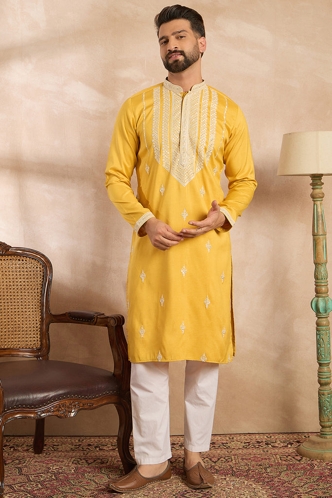 Yellow Silk Blend Geometric Embroidered Straight Kurta With Trouser MKSET1685