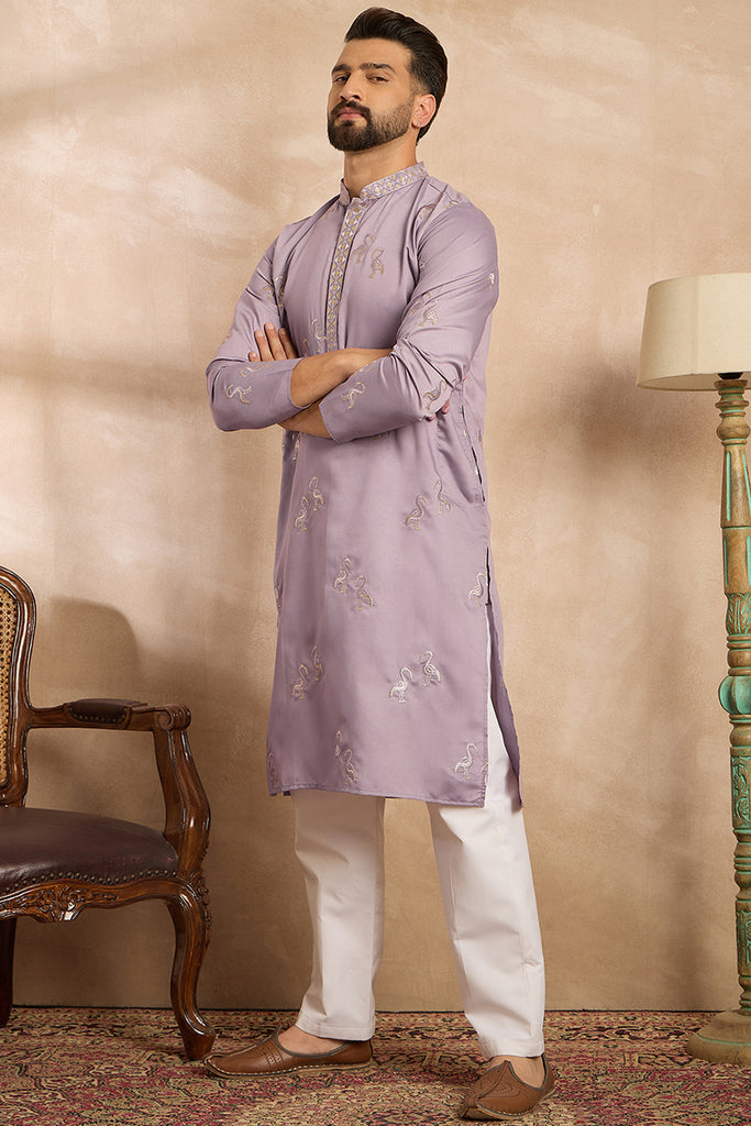 Lavender Silk Blend Solid Embroidered Straight Kurta MKU1815