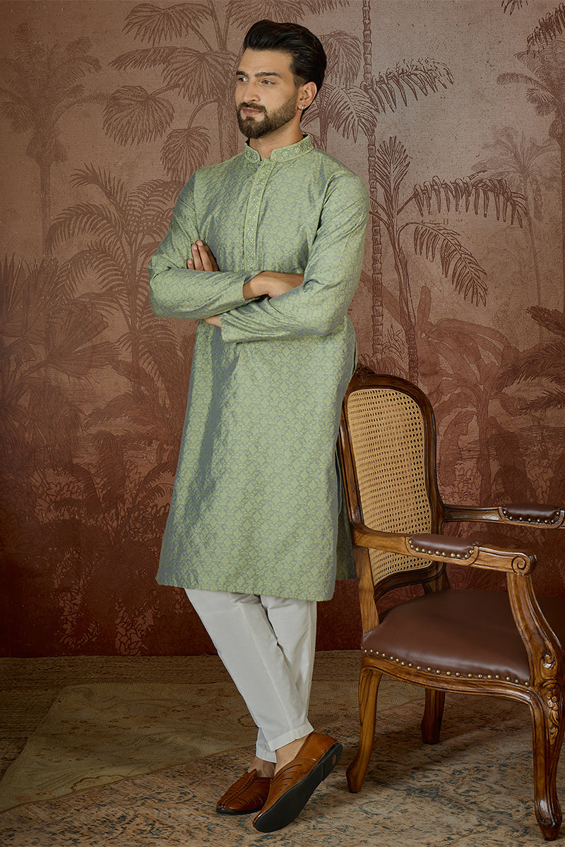 Green Jacquard Solid Embroidered Kurta MKU2499