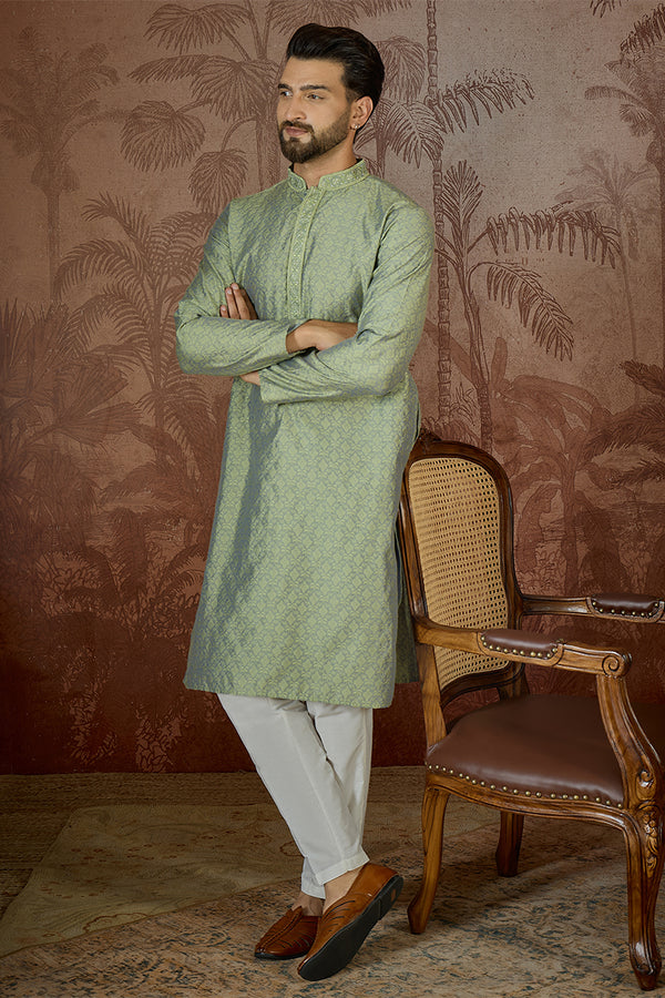 Green Jacquard Solid Embroidered Kurta MKU2499