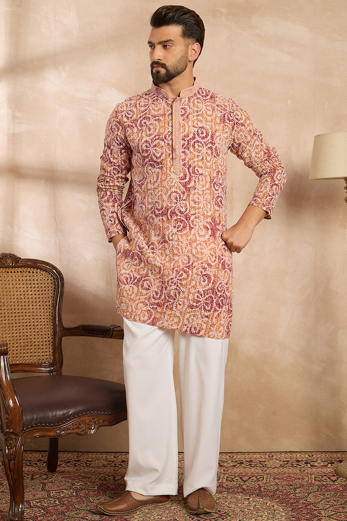 Orange Viscose Rayon Batik Embroidered Straight Kurta With Trouser MKSET1719