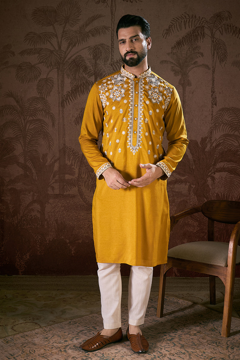 Mustard Silk Blend Solid Embroidered Straight Kurta MKU1796
