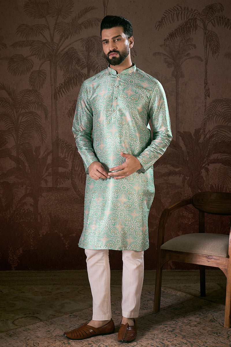Turquoise Blue Silk Blend Abstract Printed Straight Kurta With Trouser MKSET1967