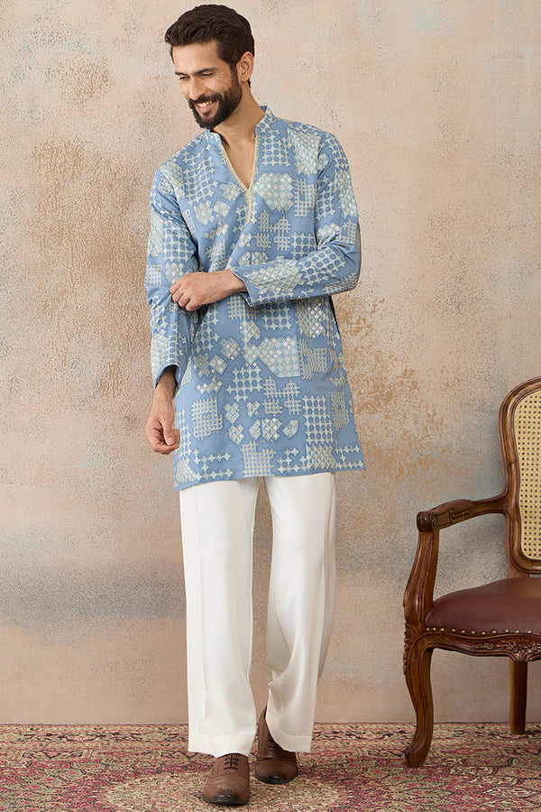 Blue Silk Blend Solid Embroidered Kurta With Trouser MKSET2454