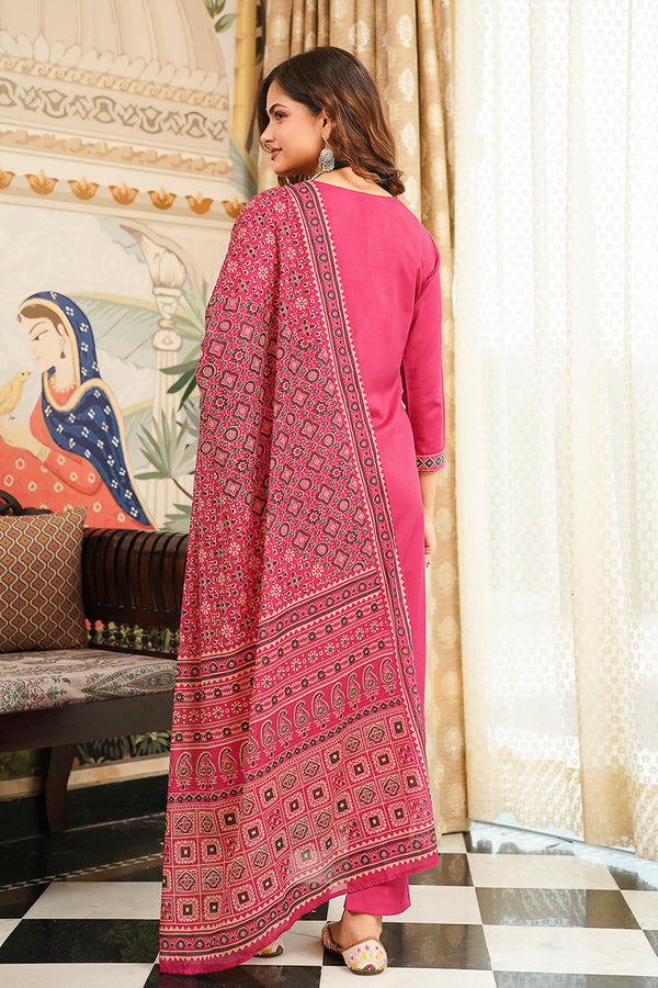 Pink Cotton Blend Ajrakh Printed Straight Kurta Trousers With Dupatta PKSKD3069