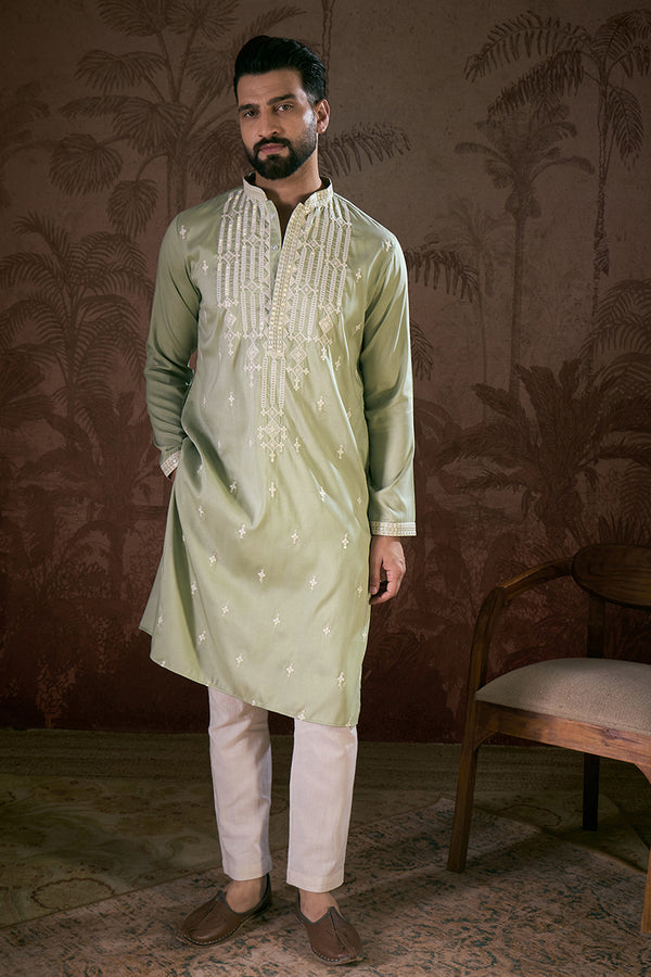 Green Silk Blend Solid Embroidered Straight Kurta MKU1787
