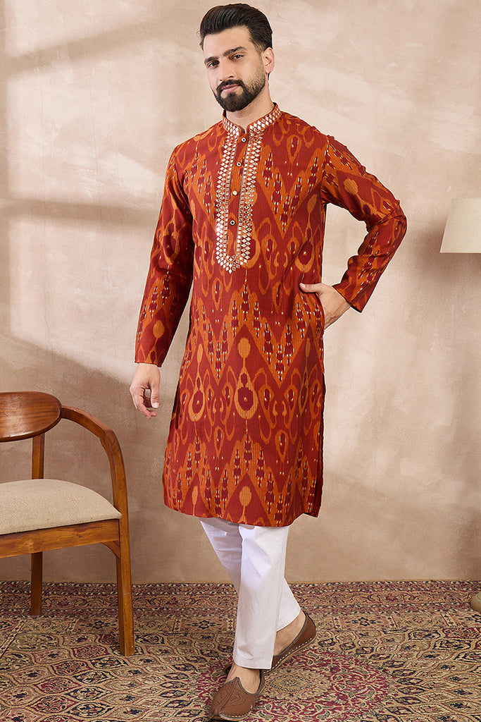 Orange Silk Blend Chevron Printed Straight Kurta With Trouser MKSET1964