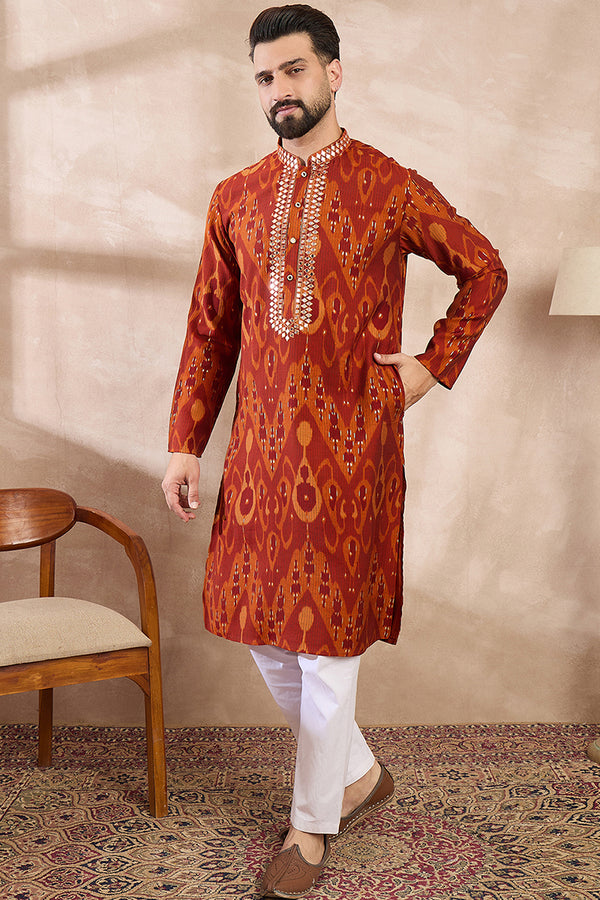 Orange Silk Blend Chevron Printed Straight Kurta With Trouser MKSET1964