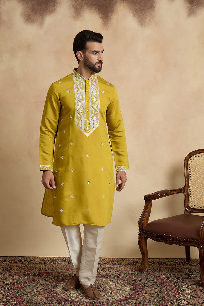 Yellow Silk Blend Solid Embroidered Kurta With Trouser MKSET2412