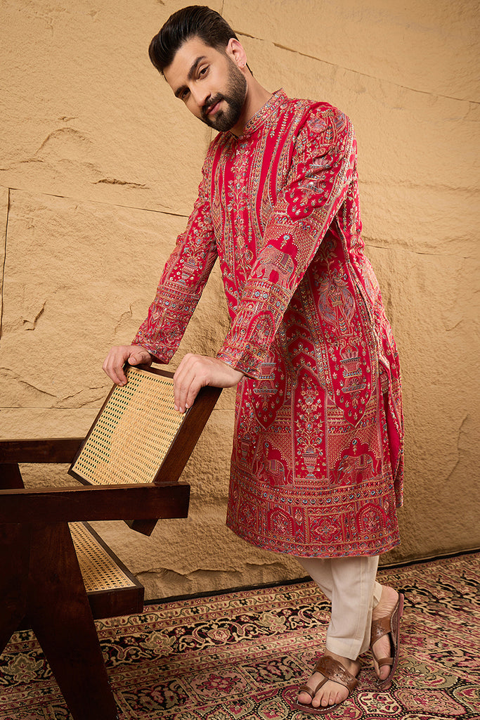 Pink Georgette Solid Embroidered Straight Kurta with Trouser MKSET1160