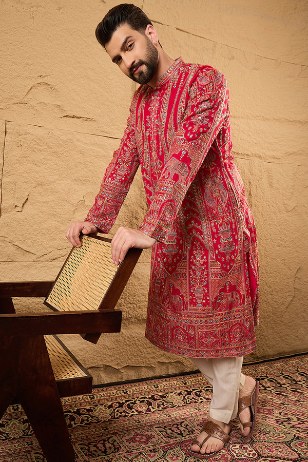 Pink Georgette Solid Embroidered Straight Kurta with Trouser MKSET1160