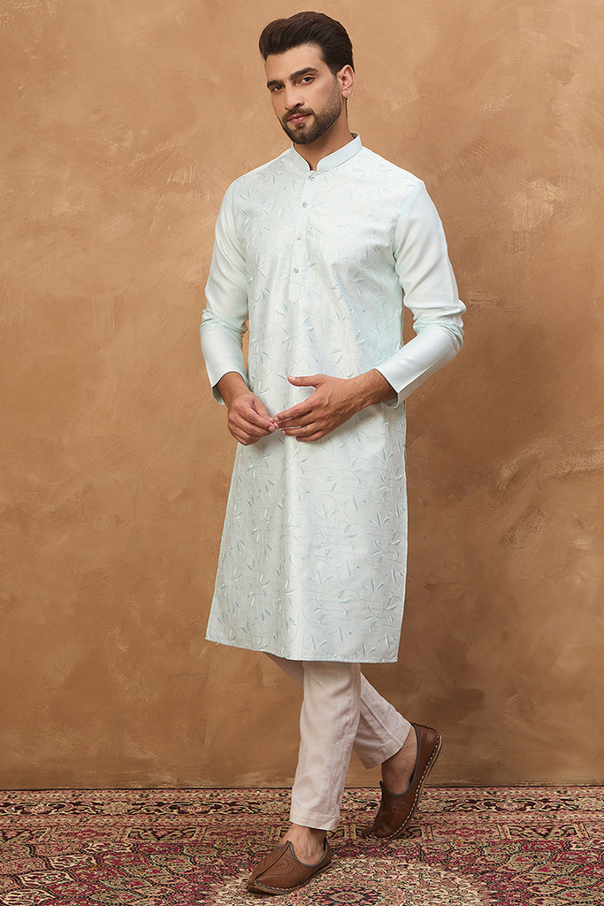 Blue Silk Blend Solid Embroidered Straight Kurta MKU1446