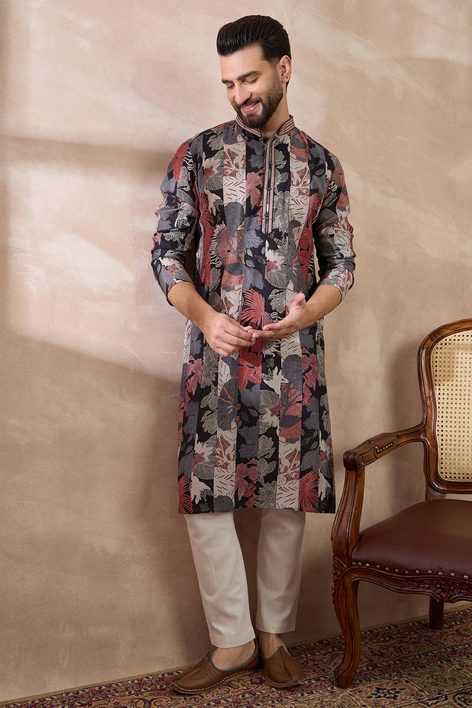 Black Silk Blend Printed Mandarin Collar Straight Kurta With Trouser MKSET1977