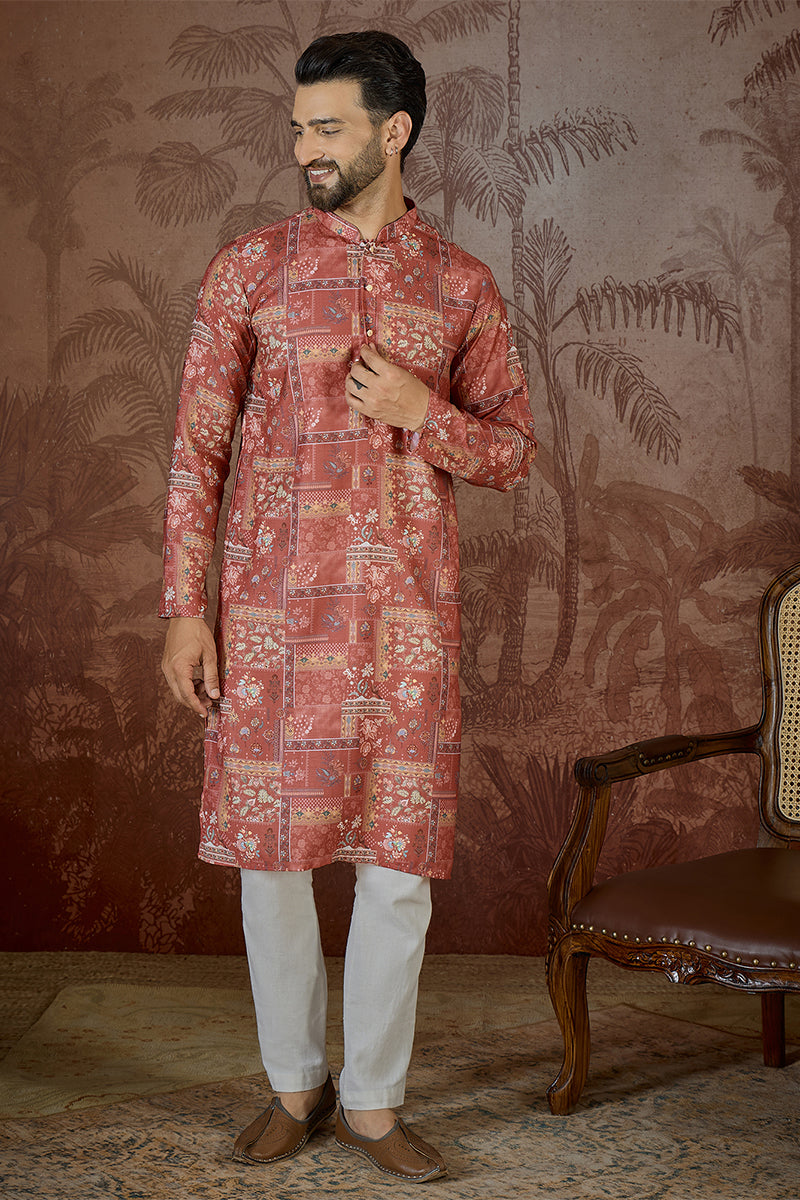 Silk Blend Pink Abstract Printed Kurta MKU2432
