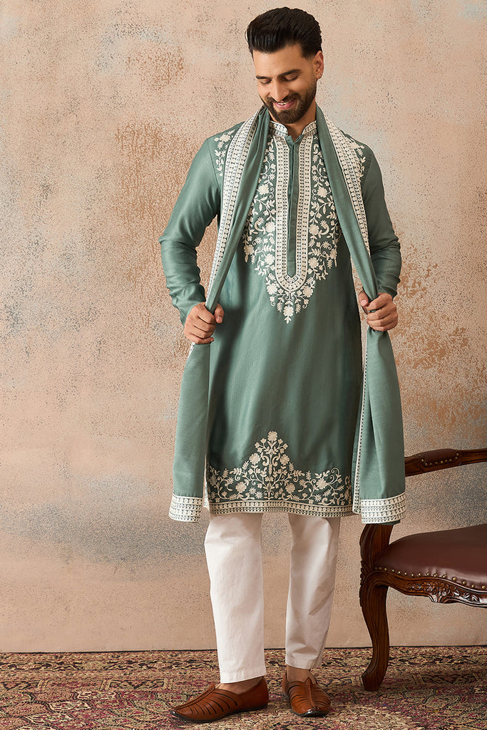 Green Silk Blend Solid Embroidered Kurta Trouser With Dupatta MKPD1040