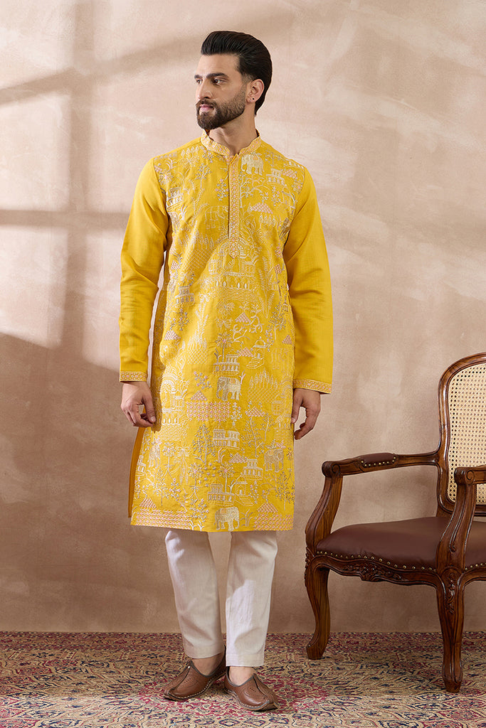 Yellow Silk Blend Embroidered Mandarin Collar Straight Kurta MKU2053