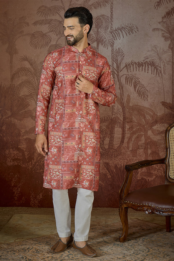 Silk Blend Pink Abstract Printed Kurta With Trouser MKSET2432